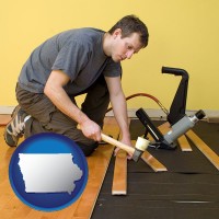 iowa map icon and a hardwood flooring installer