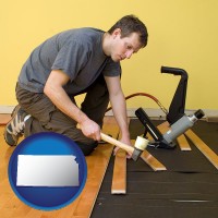 kansas map icon and a hardwood flooring installer
