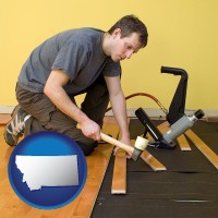 montana map icon and a hardwood flooring installer