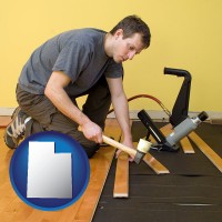 utah map icon and a hardwood flooring installer