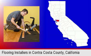 a hardwood flooring installer; Contra Costa County highlighted in red on a map