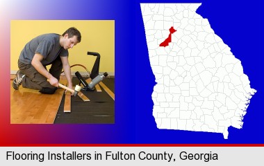 a hardwood flooring installer; Fulton County highlighted in red on a map