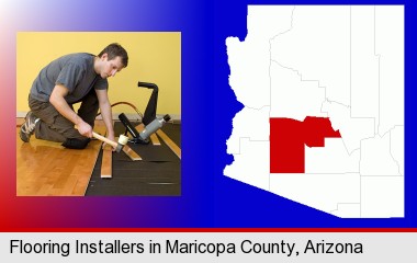 a hardwood flooring installer; Maricopa County highlighted in red on a map