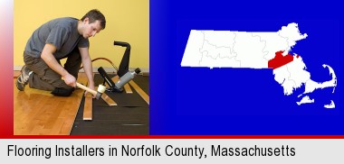 a hardwood flooring installer; Norfolk County highlighted in red on a map