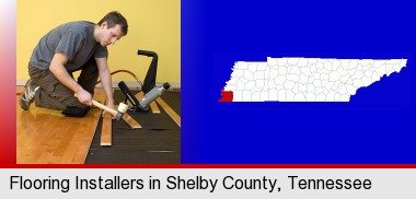 a hardwood flooring installer; Shelby County highlighted in red on a map